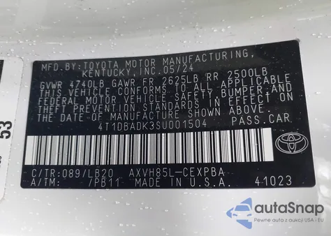 2025 Toyota Camry Xse/Xle/Le/Se из США, поврежденный, VIN 4T1DBADK3SU001504